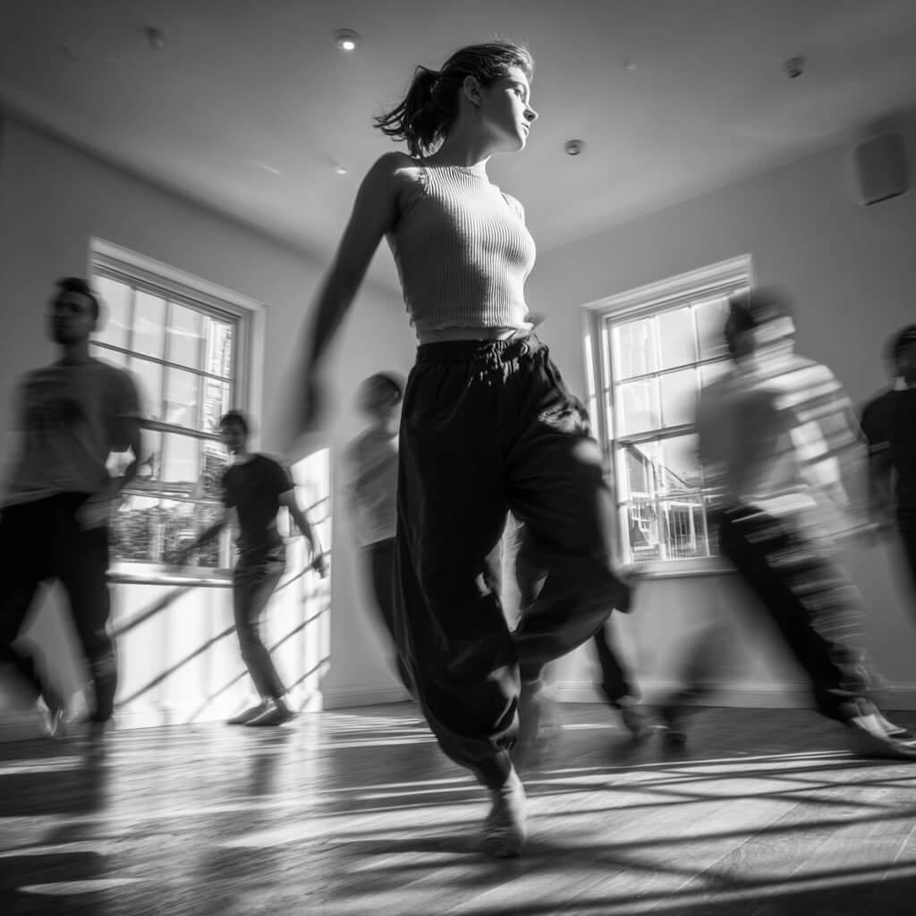 Contemporary dance class - dancers expressing modern movement in studio